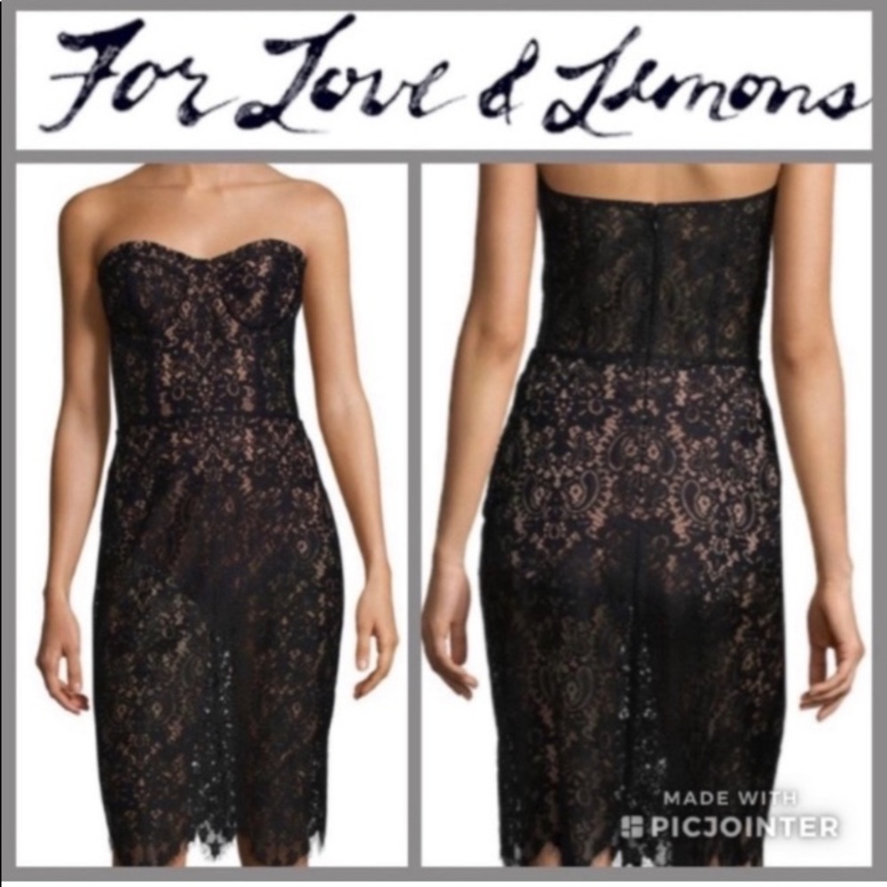 NWT For Love & Lemons Black Strapless Lace Bustier Dress With Nude Bodysuit